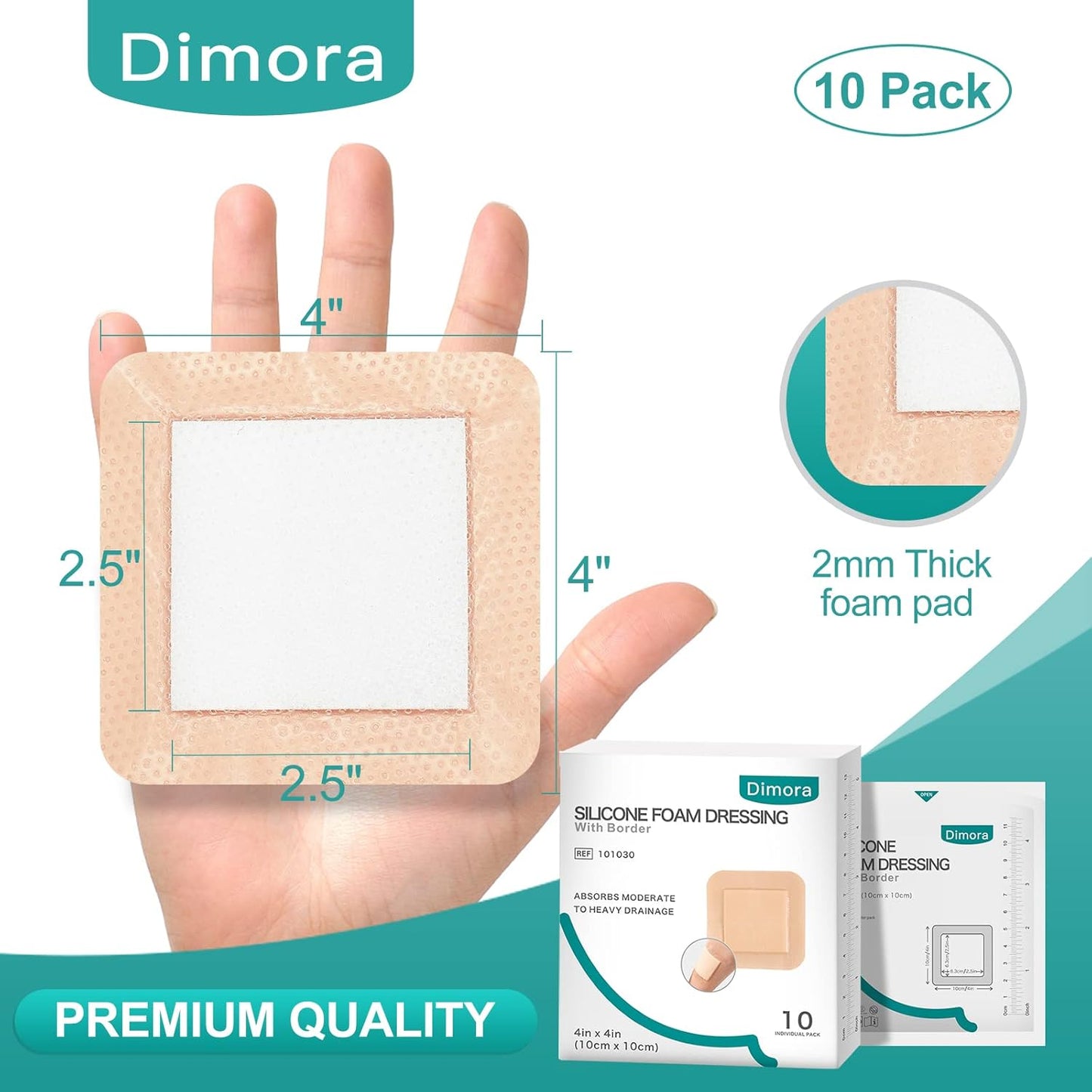 Dimora Silicone Foam Dressing with Border Adhesive 4"x4" Wound Dressing First Aid Bandage for Wound Care 10 Pack