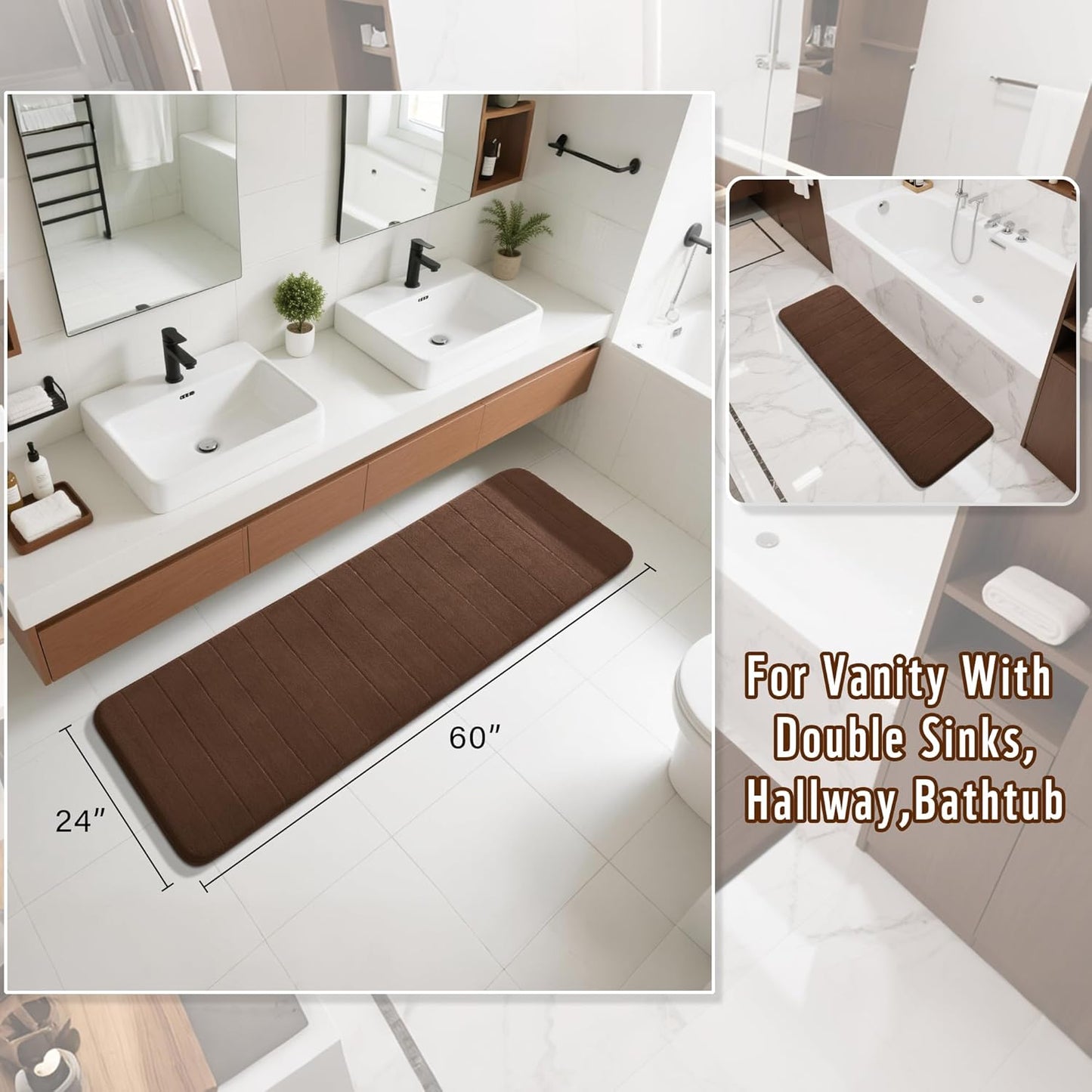 Yimobra Bathroom Runner 60"x24", Non Slip Memory Foam Bath Mat, Super Soft Water Absorbent Hallway Carpet, Machine Washable Rug for Vanity Tub Shower, Brown
