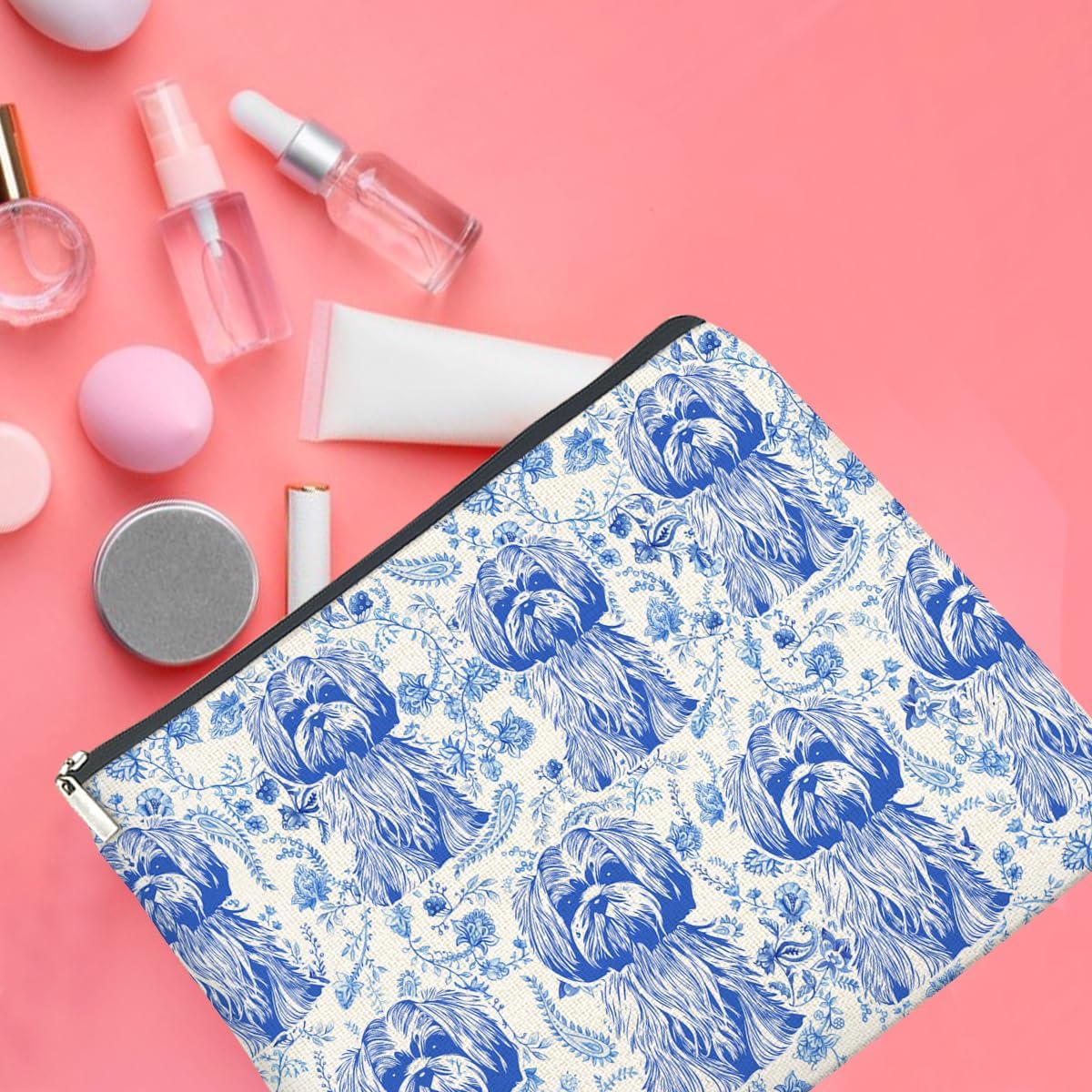Shih Tzu Blue Makeup Bag Gifts for Women Dog Mom Cute Shih Tzu Cosmetic Bag Zipper Pouch