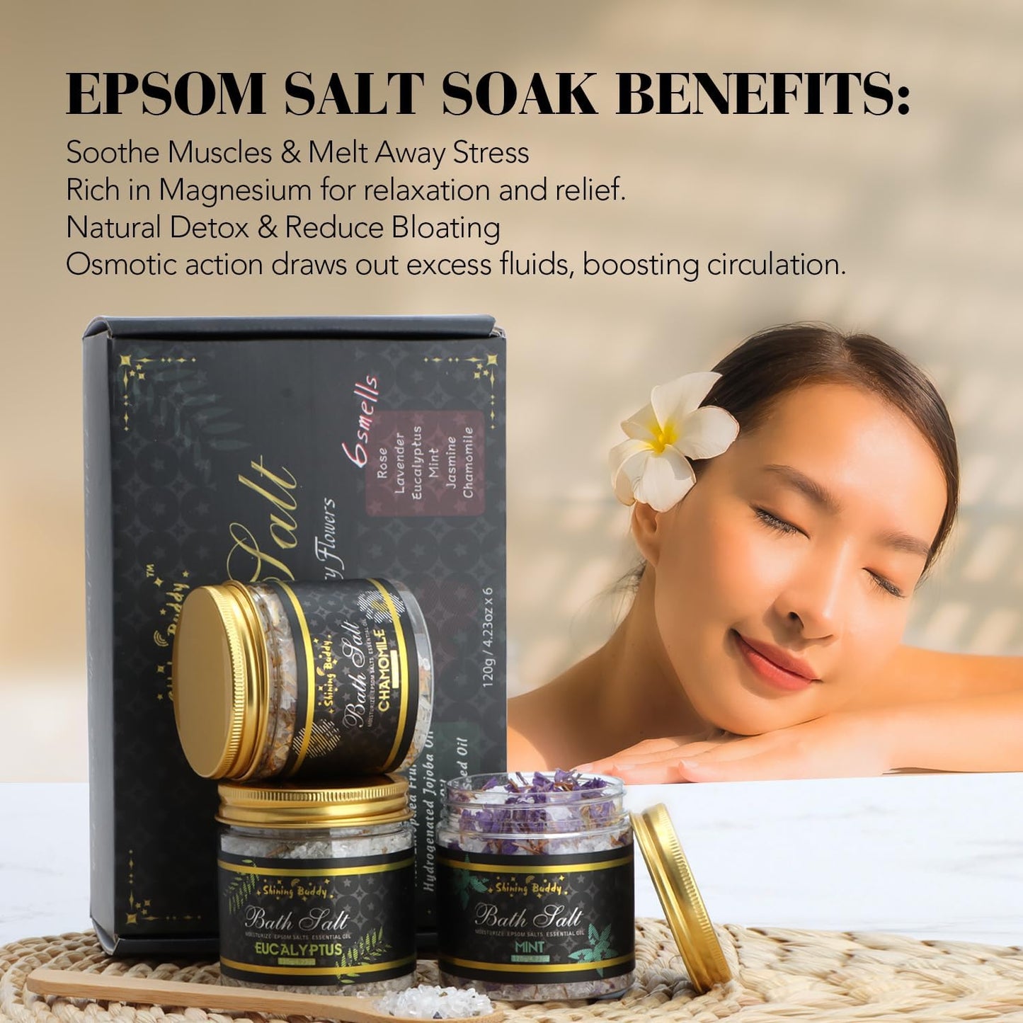 Epsom Bath Salts for Soaking Lavender, Eucalyptus & Rose Bath Salts for Women Relaxing,6pc Self Care Gift Set with Chamomile & Mint Spa Grade Muscle Relief,Natural Essential Oils,Sensitive Skin Safe