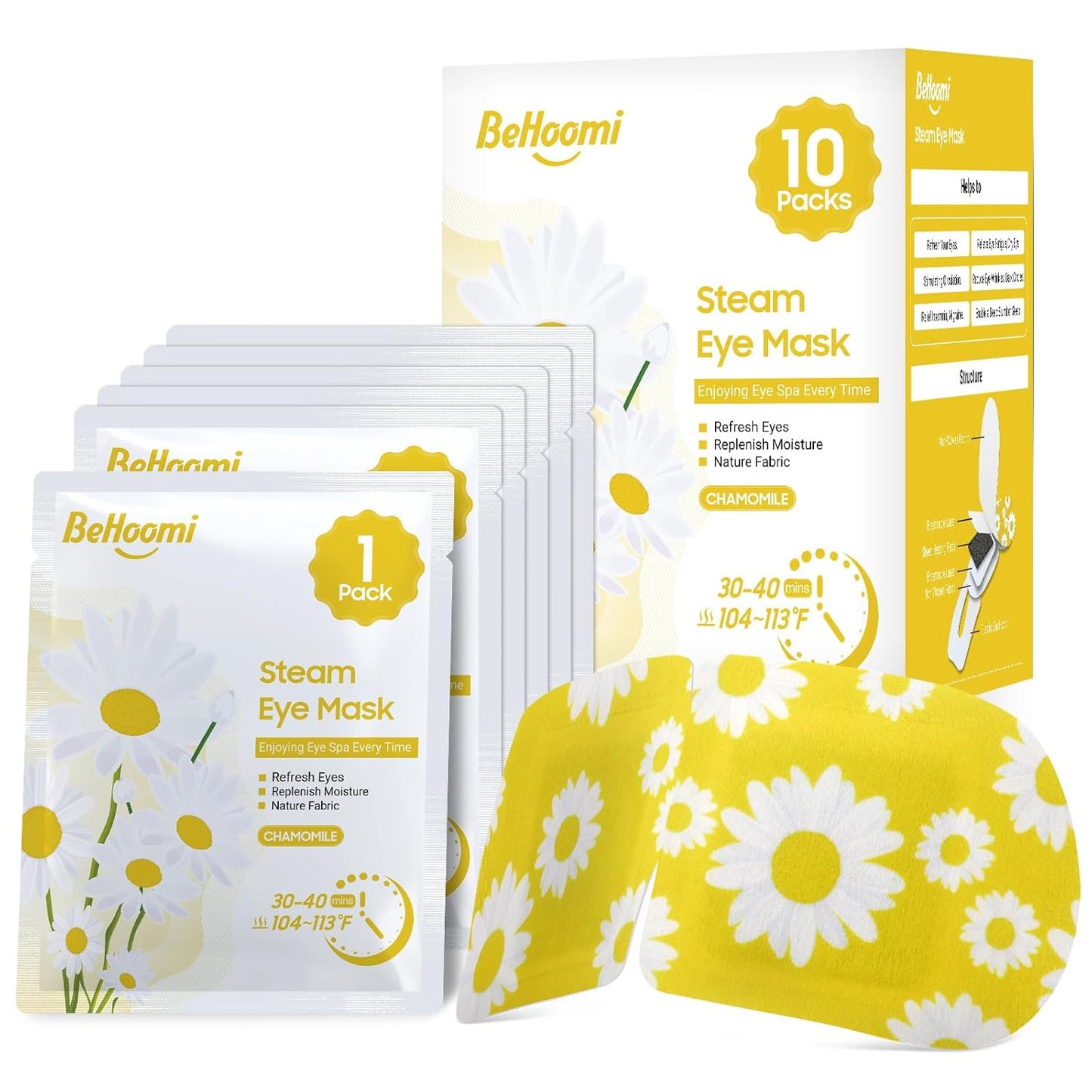 Steam Eye Mask, 10 Packs Heated Eye Mask, Self Heating Disposable SPA Warm Compress for Eyes Sleep Mask, Soothing Moist Heat Eye Masks, Travel Essentials & Relaxation Gifts (Chamomile Scent)