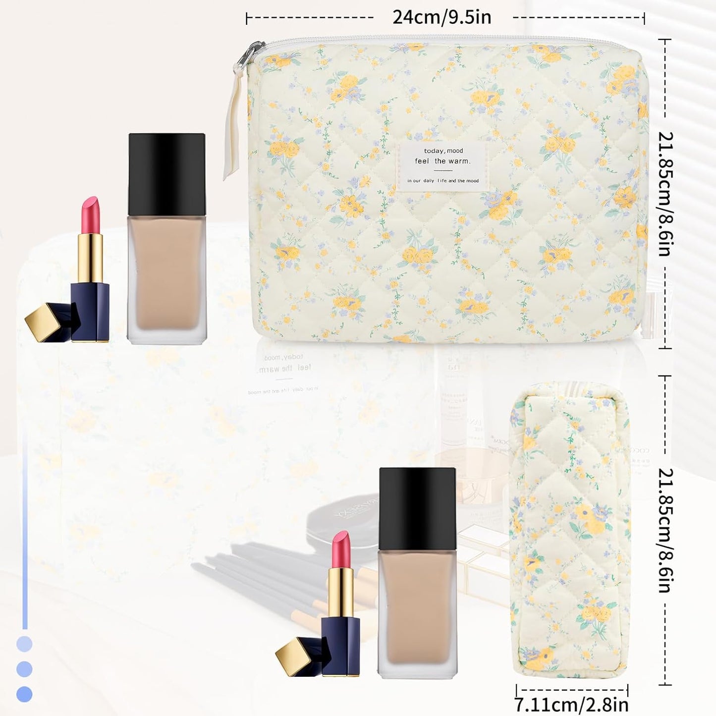 Floral Makeup Bag, Small Cosmetic Bag for Women Girls, Cute Cotton Makeup Bag, Quilted Makeup Bags, Flower Travel Toiletry Organizer Bag(Yellow Flowers)