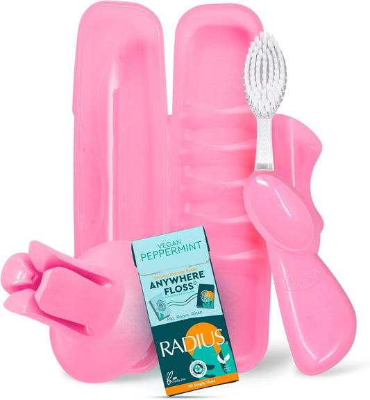 RADIUS Vacation Pastel Bundle, Includes Right Handed Big Brush with Replaceable Head, Toothbrush Travel Case, DOC Toothbrush Holder, Anywhere Travel Floss Packette, Pink, 4 Piece Bundle