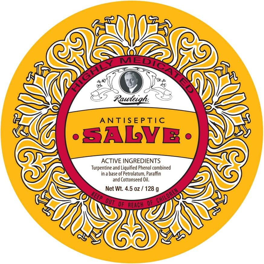 Rawleigh Antiseptic Salve Iconic Yellow Big Tin: 4.5 oz, Natural, Multi-Purpose Ointment Soothes Skin Cuts, Bruises, Irritations, with Turpentine, Phenol, Cottonseed Oil, Original Formula - Pack of 1
