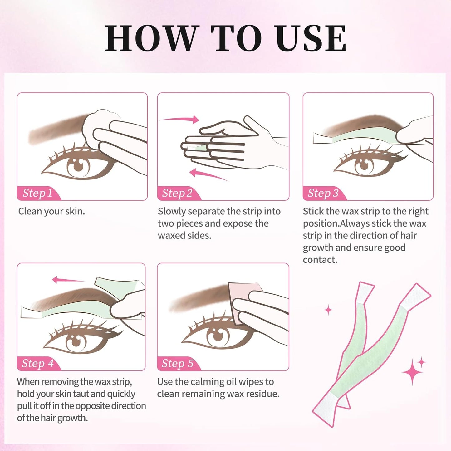 Beauty7 Fit Eyebrow Wax Strips Plus Volum, Pre-cut Facial Hair Removal, Lip Hair Removes, at Home Waxing 48 Strips, 6 Calming Oil Wipes, for All Skin Types Women