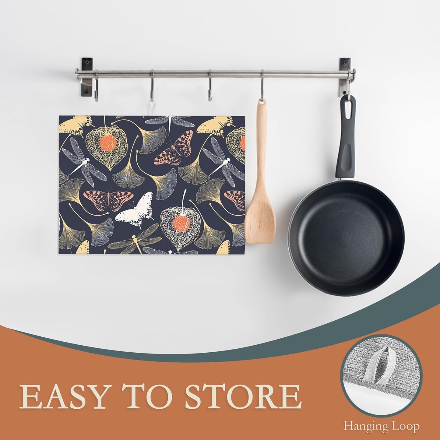 Ginkgo Leaves Dish Drying Rack Mat for Kitchen Counter,Dragonfly Butterfly Dish Drying Pad Absorbent Reversible Microfiber Protector for Coffee Bar Sink Countertops 18x24 Inch