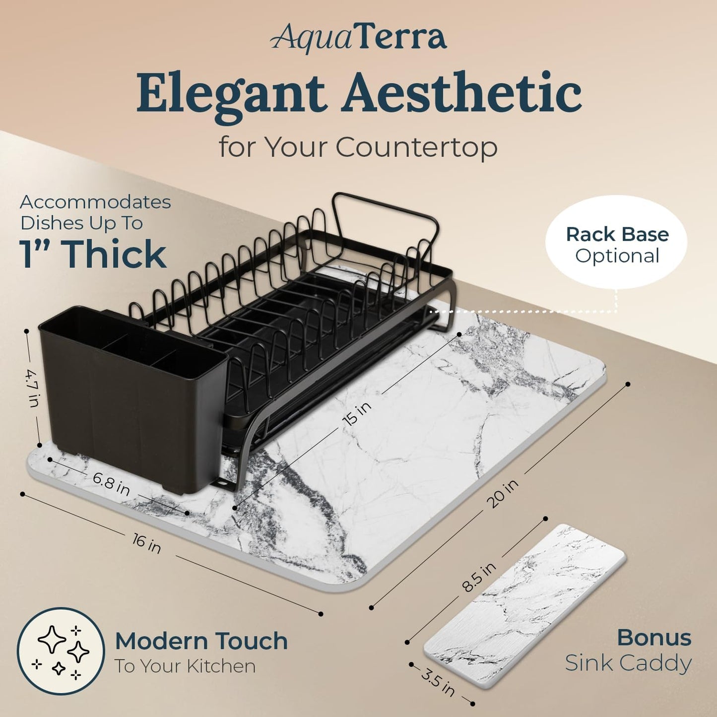 AquaTerra Diatomaceous Earth Drying Mat with Matching Sponge Caddy & Dish Rack | 3-Piece Set (White Marble, Large) | Heat-Resistant & Multi-Purpose for Drying and Kitchen Organization