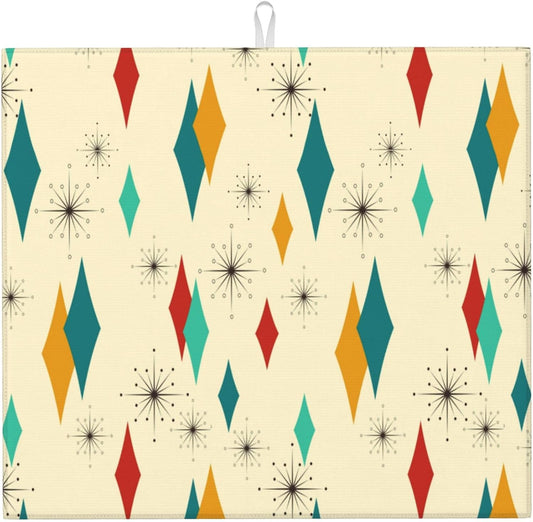 Mid Century Modern Dish Drying Mat for Kitchen Counter Atomic Retro Dish Drainer Rack Mats 16"x18" Absorbent Reversible Yellow Drying Pad