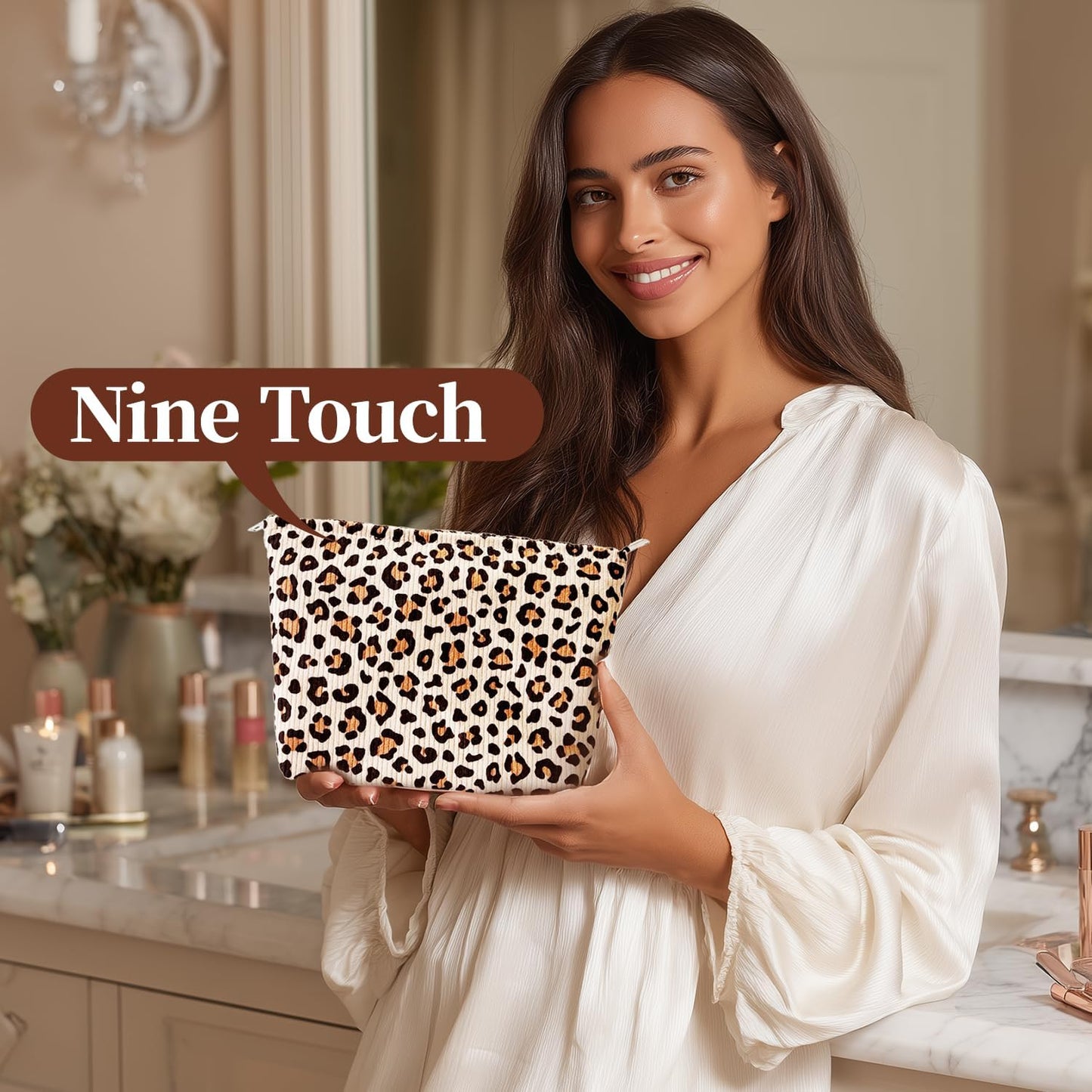 Leopard Print Corduroy Makeup Bag for Women – Soft Cosmetic Travel Pouch with Zipper Closure, Large Toiletry Organizer with Lining, Stylish Animal Print Makeup Case for Purse or Travel