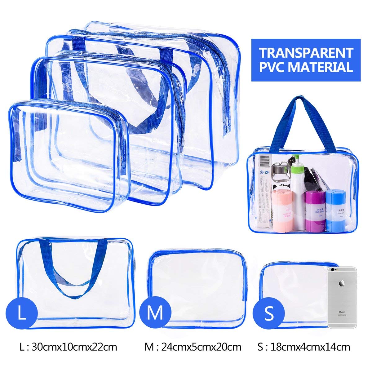 6Pcs Crystal Clear PVC Travel Toiletry Bag Kit for Women Men, Waterproof Vinyl Packing Organizer Storage Bags with Zipper Handle Straps, Cosmetic Pouch Carry on Airport Airline Compliant Bag Handbag