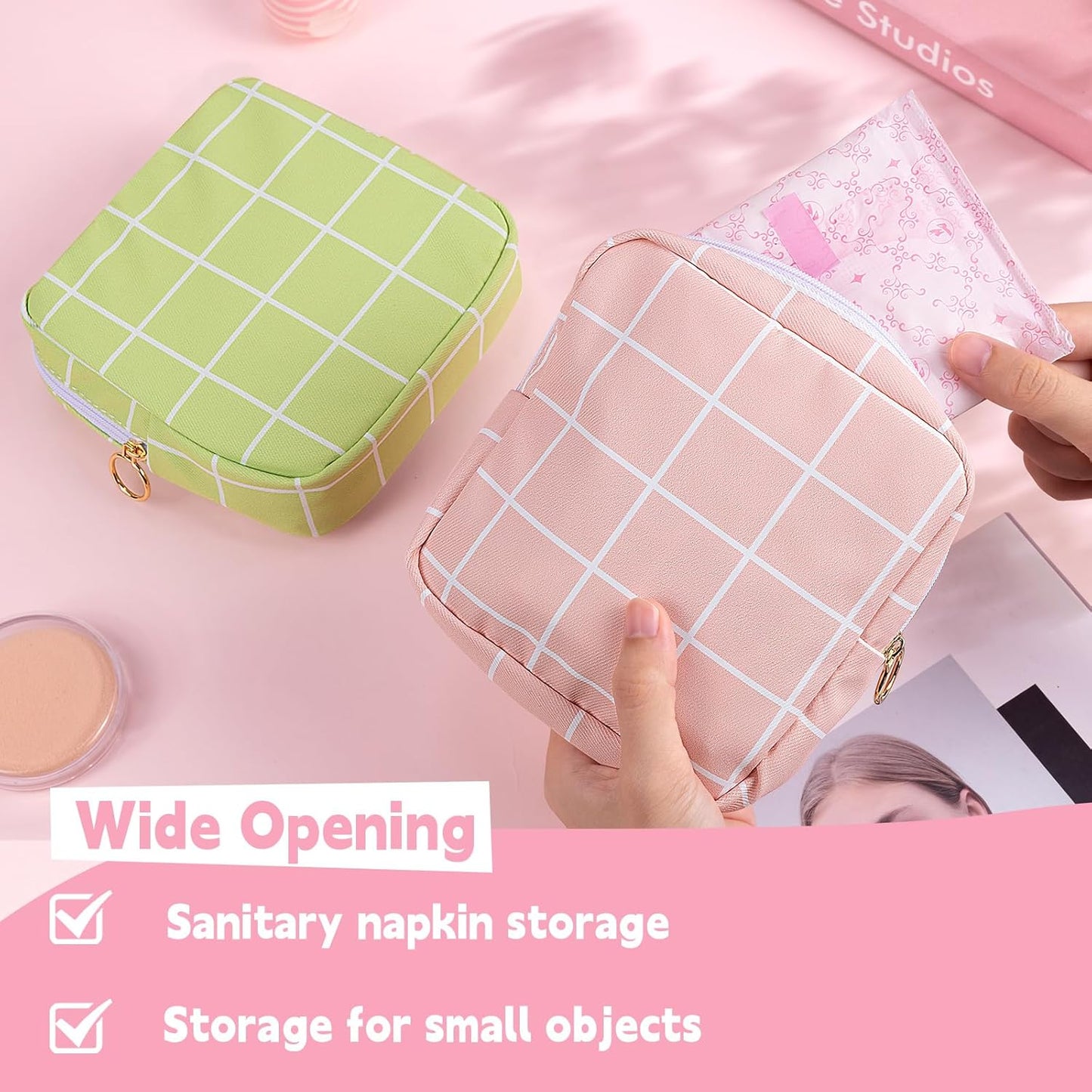 Desing Wish Period Bag Pouch Soft Cloth Sanitary Napkin Storage Bag Portable Menstrual Pad Pouches Tampon Holder for Purse First Period Kit for Girls 9-12 (Blue-White Check)