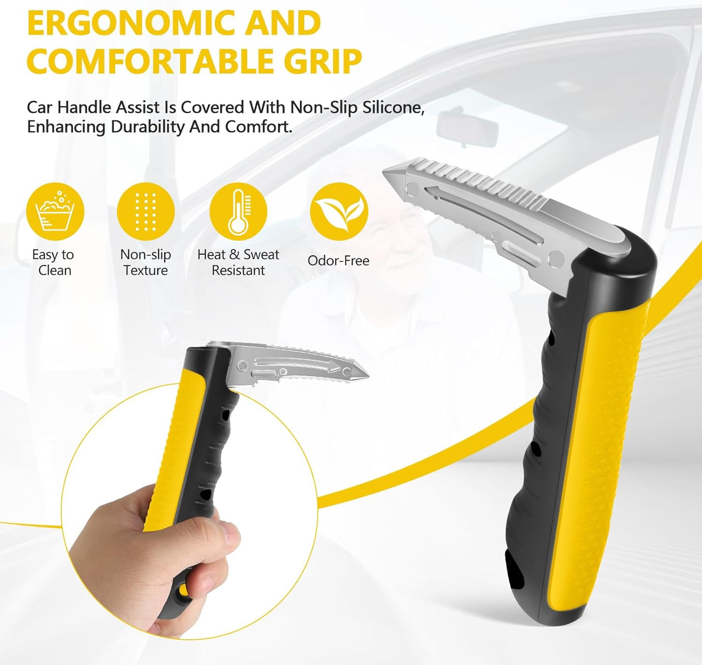 Car Door Handle for Elderly - 2025 New 3-in-1 Car Handle Assist, 2 Pack Auto Cane Portable Vehicle Support Handle Door Assist Bar, Max Load 500 Lbs, Anti-Slip Design (Yellow-1-Pack Car Handle)