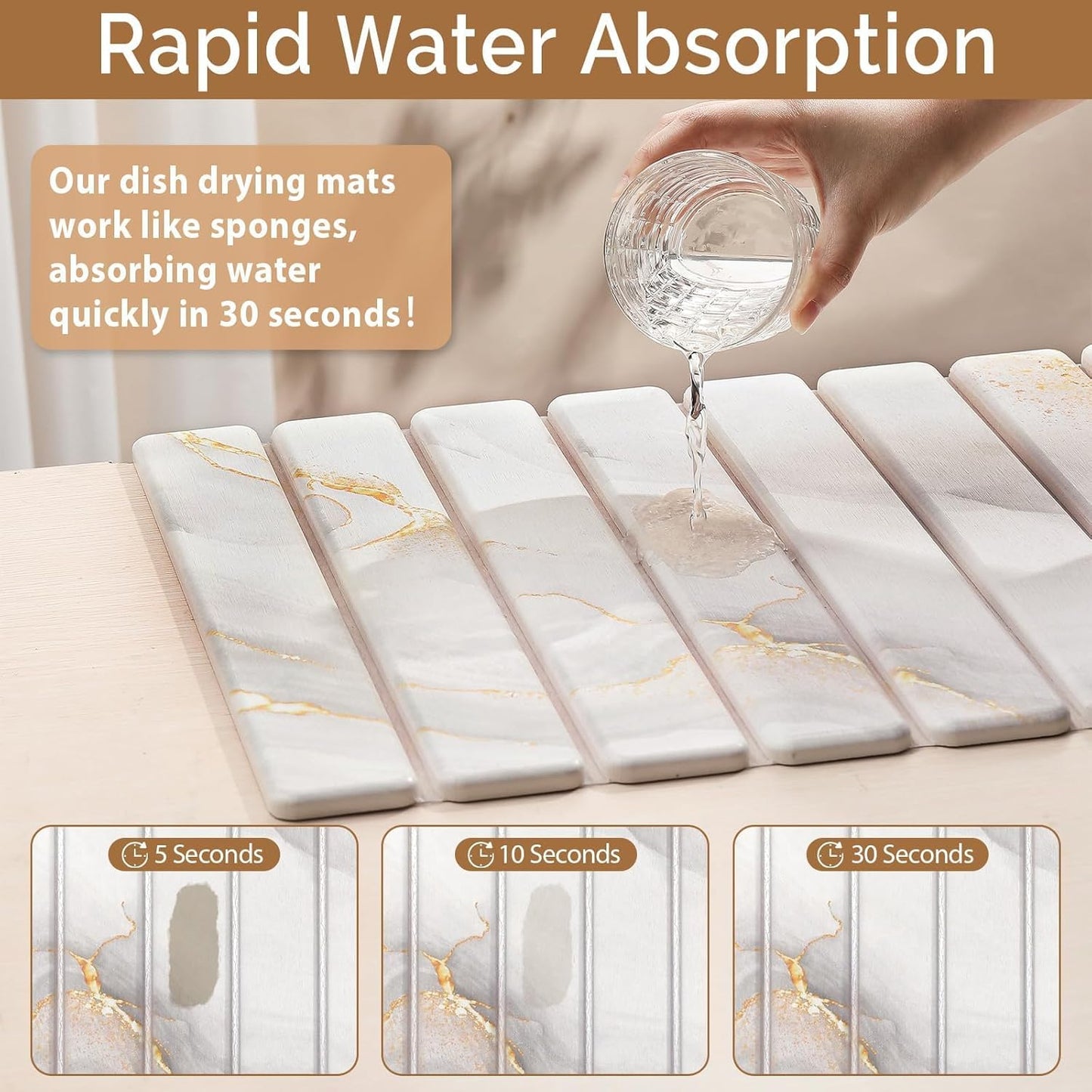 2 PCS Large Stone Dish Drying Mat for Kitchen Counter,Quick Dry Stone Dishes Mats,Marbled Water Absorbing Diatomaceous Earth Drying Pad for Countertop Bottles Utensils Cups(Gold White 24"x16"&8"x4")