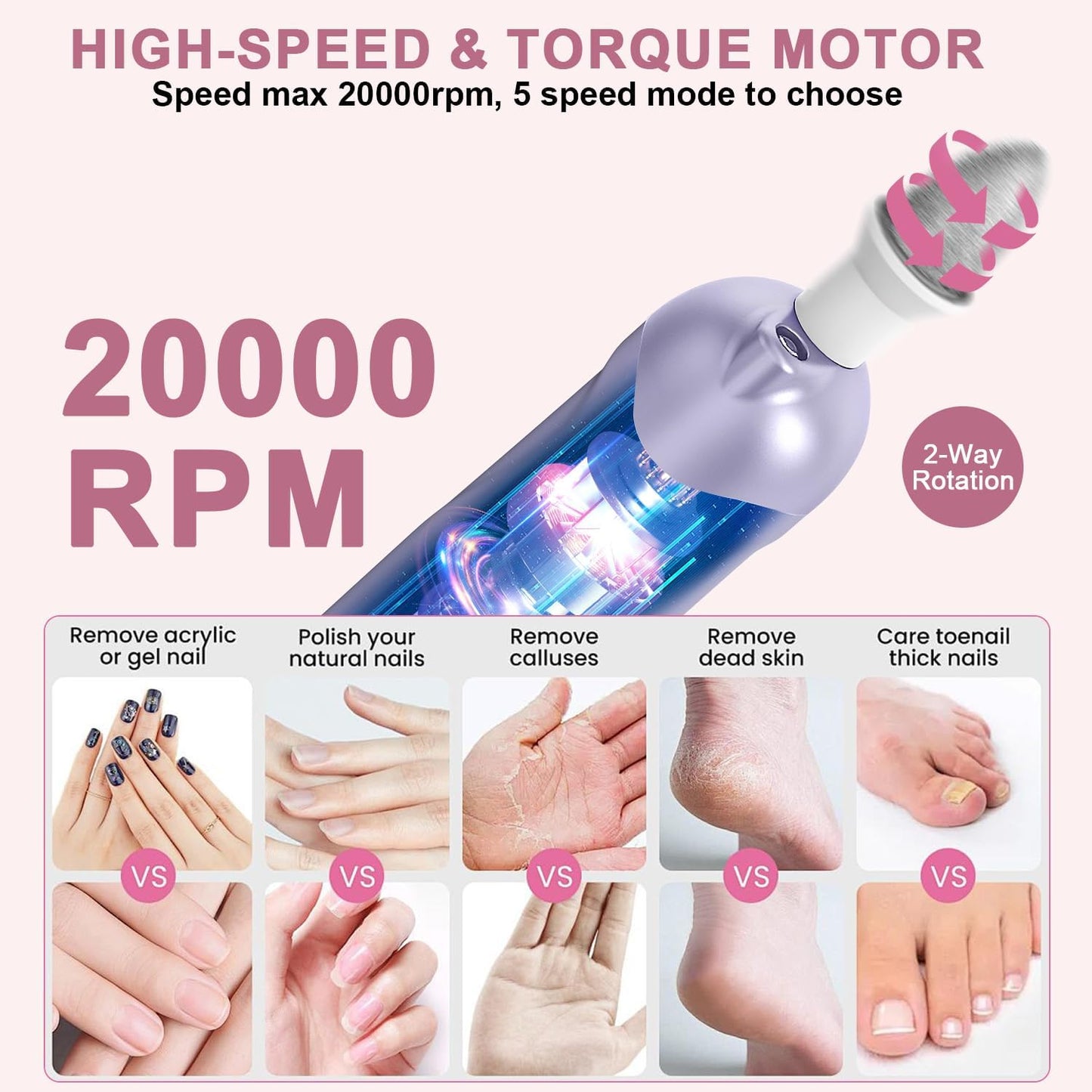 2 Pack 9-in-1 Electric Nail Grinder with 100 Bits: Cordless, 5 Speeds, Professional Manicure & Pedicure Kit