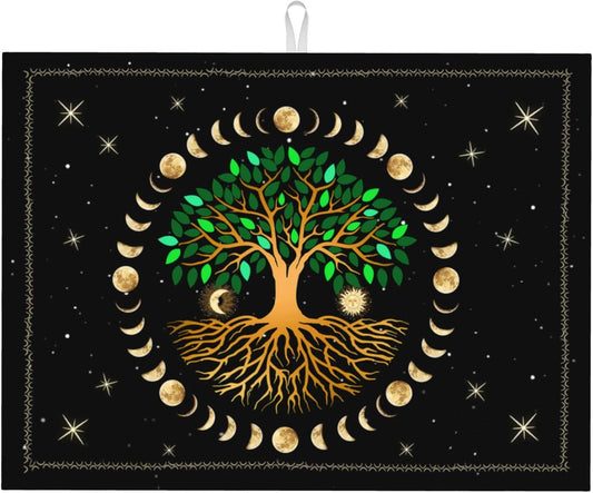 Black Microfiber Dish Drying Mat for Kitchen Counter 18"x24" Ancient Life Tree Decorative Dishes Pad Dish Drainer Rack Mats Absorbent Washable Reusable Moon Luna Hippy Decor