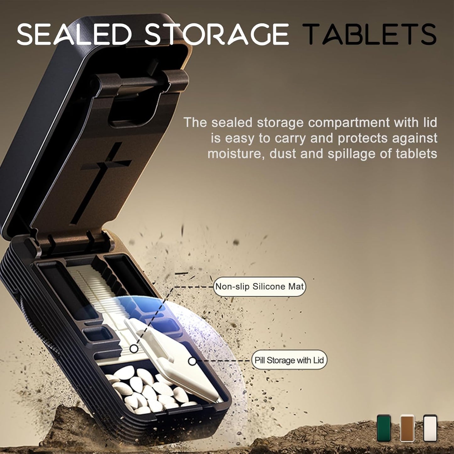 Pill Cutter - 1/4 & 1/2 Pill Splitter for Small Tiny Large Pills Professional | Hidden Blade & Sealed Storage | Adjustable & Cuts Multiple Tablets | Includes Cleaning Brush (Brown)