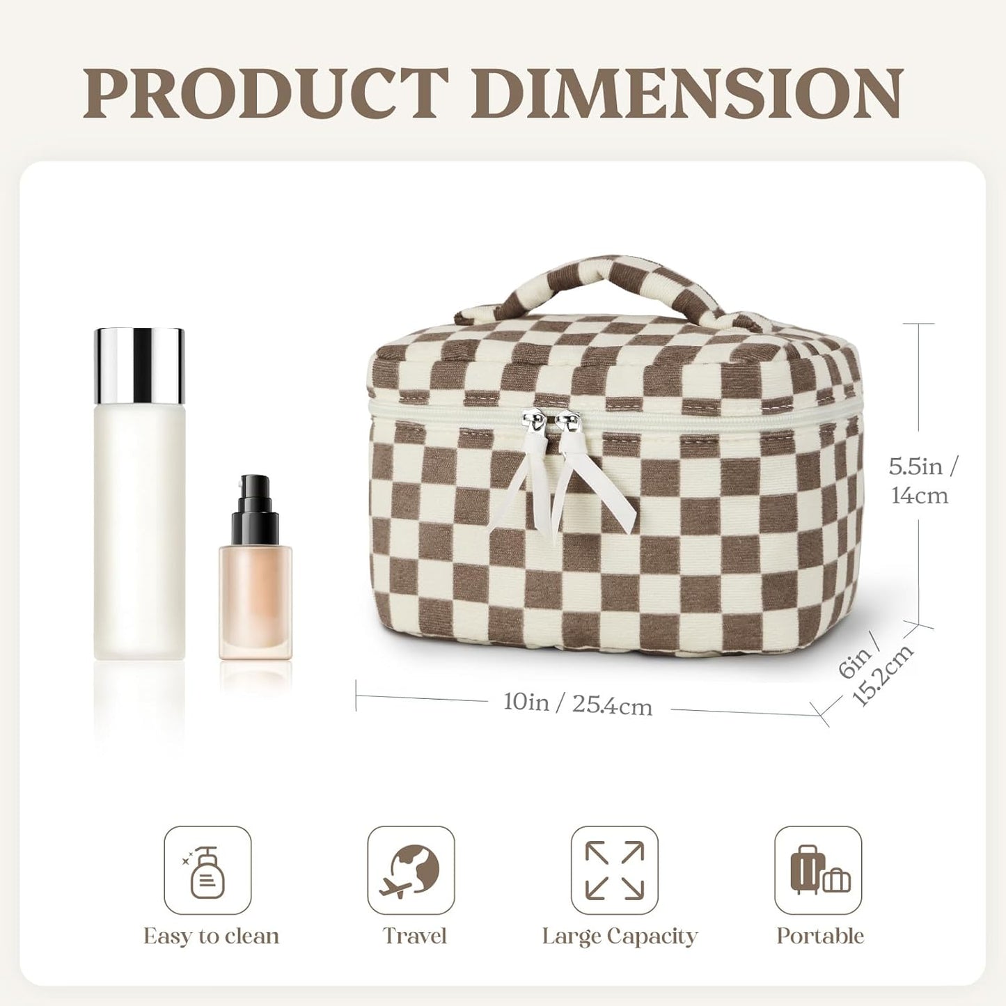 Prite Corduroy Makeup Bag Quilted Makeup Bag Large Floral Cosmetic Bag for Women Cute Travel Toiletry Bag with Handle(Light Checkerboard)