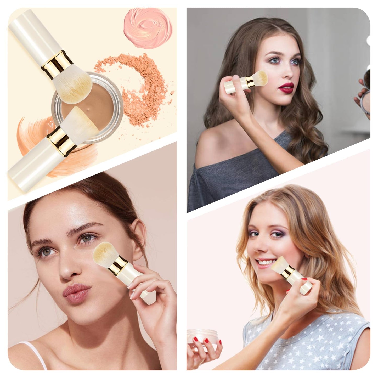 Retractable Kabuki Makeup Brush 2 Pack, Travel Powder Foundation Makeup Brush Face Blush Brushes for Blending Liquid, Blush, Bronzer, Buffing, Sunscreen,Flawless Cosmetics