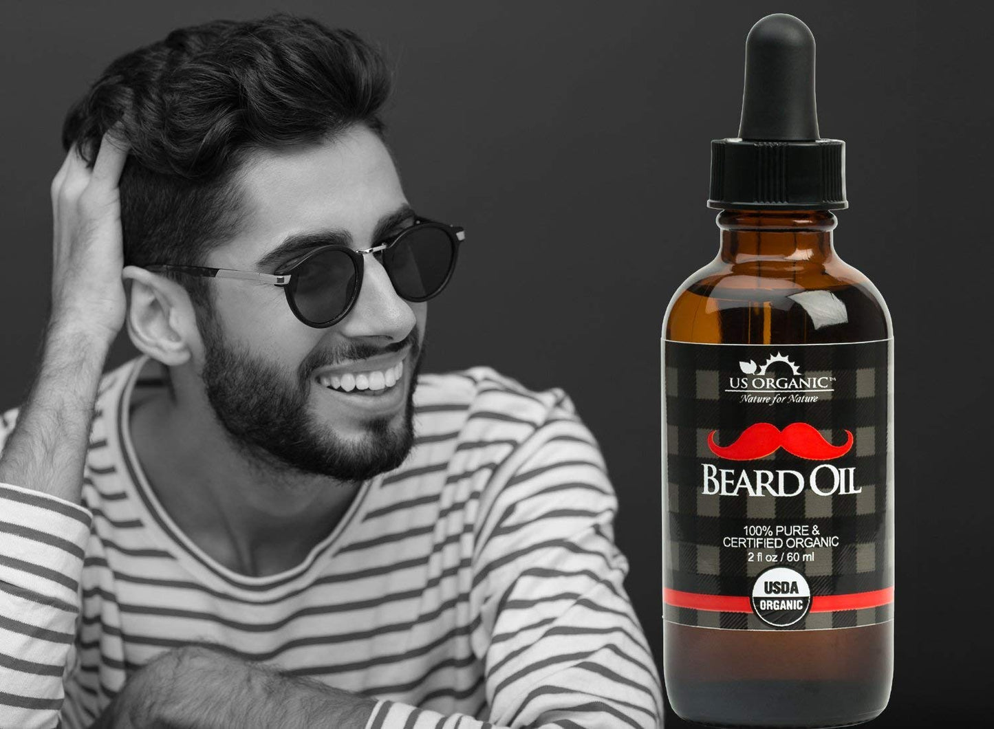 US Organic Beard Oil, 100% Pure, USDA Certified, Softens, shine, moisturizes, Amber Glass Bottle with Eye Dropper, 2 Ounce