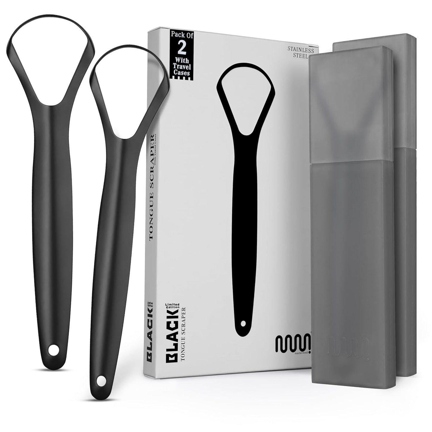 MasterMedi Black Tongue Scraper with Cases (Spoon Shape, 2 Pack), Tongue Scrubber for Bad Breath Treatment, Easy to Use Tongue Scraper for Adults, Tongue Cleaner for Oral Care