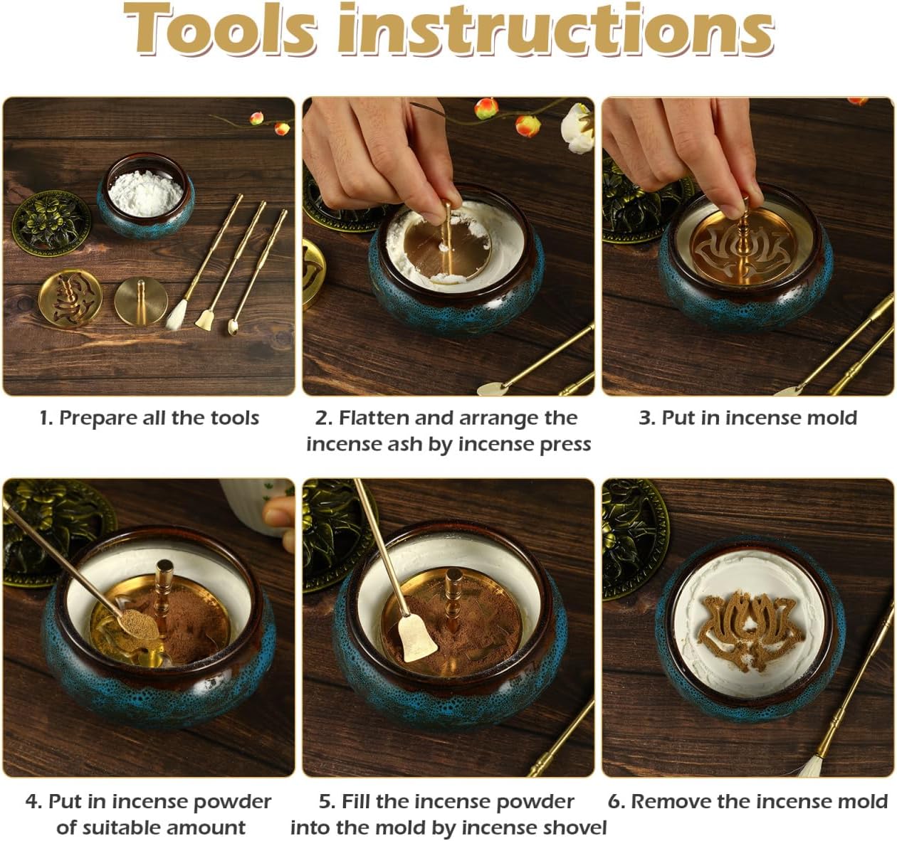 DOITOOL 5 Pcs Incense Making Kit Chinese Incense Burner Mold Premium Accessories for Aromatherapy Yoga Meditation Relaxation-Golden