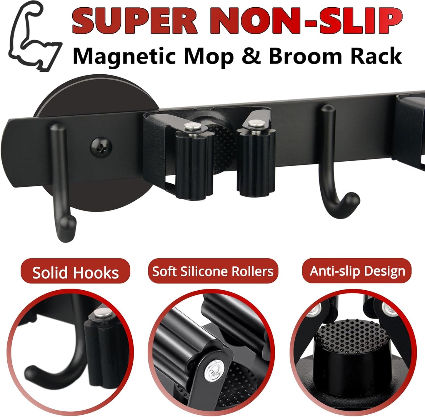 ULIBERMAGNET Magnetic Mop Broom Holder,Heavy Duty Movable Magnetic Broom Holder Rack,Anti-slip Wall Mounted Utility Storage Mop Shovel Hanger for Garage, Kitchen, Laundry, Garden(3 Racks / 4 Hooks)