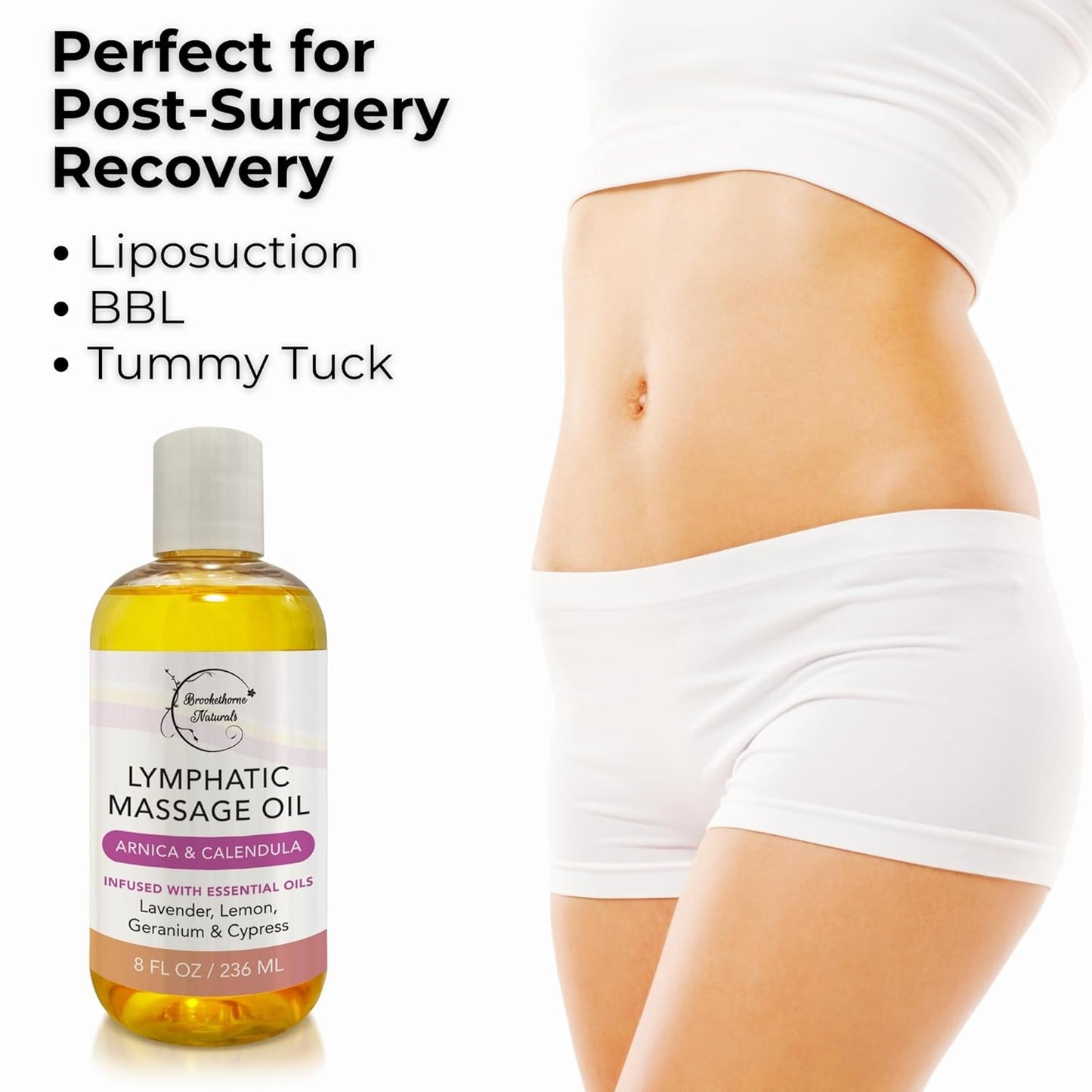 Lymphatic Massage Oil for Massage Therapy & Natural Lymphatic Drainage | Premium Quality with Arnica & Lavender Oil | for Post Surgery Recovery & Detox | 8oz by Brookethorne Naturals