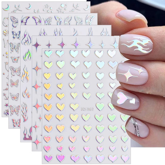 8 Sheets Aurora Silver Heart Nail Decals 3D Self Adhesive Design Star Stickers Holographic Butterfly Flame Nail Stickers for Women Girls DIY Manicure Tips Decoration