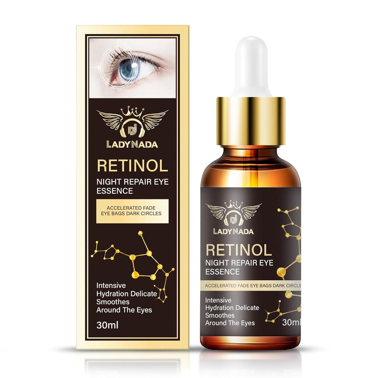 LADY NADA Retinol Eye Serum – Anti-Aging Night Treatment with Collagen, Vitamin E & Natural Extracts – Smooths Fine Lines, Deeply Hydrates, Long-Lasting Effect – For All Skin Types – 1.0 fl oz