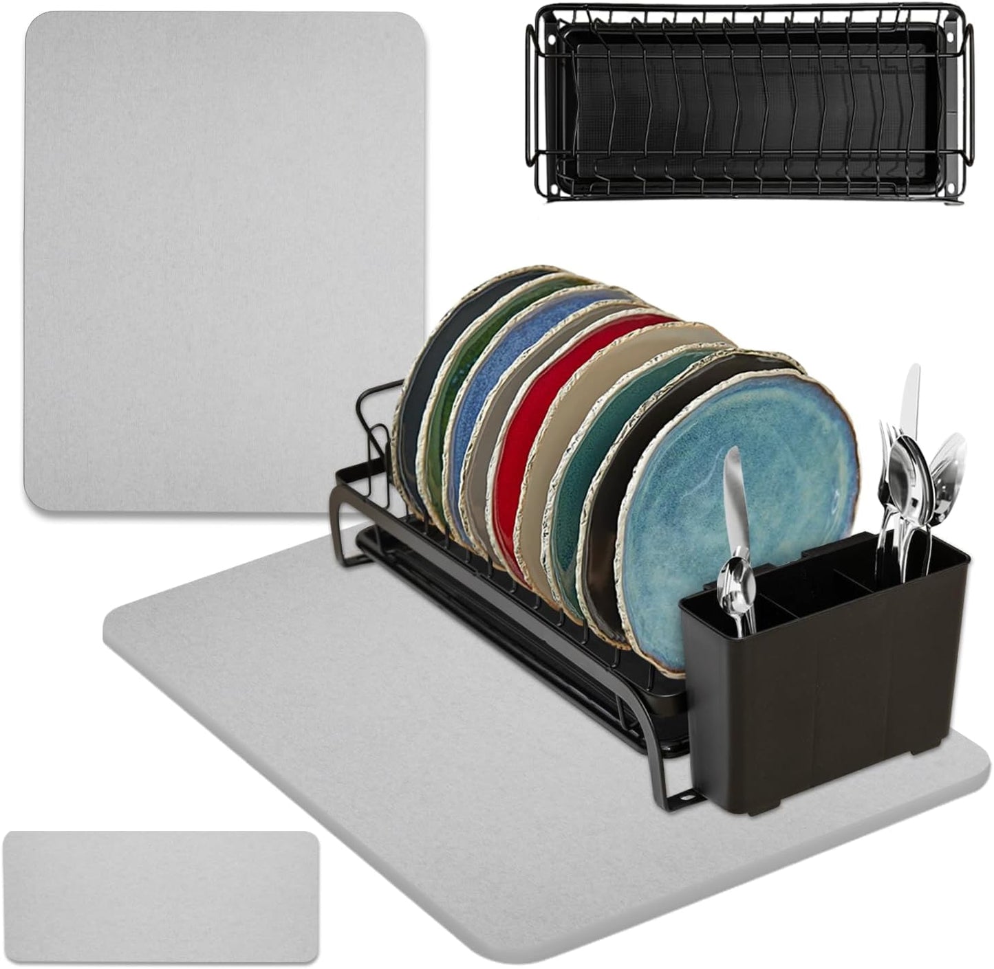 AquaTerra Diatomaceous Earth Drying Mat with Matching Sponge Caddy & Dish Rack | 3-Piece Set (Light Gray, Large) | Heat-Resistant & Multi-Purpose for Drying and Kitchen Organization