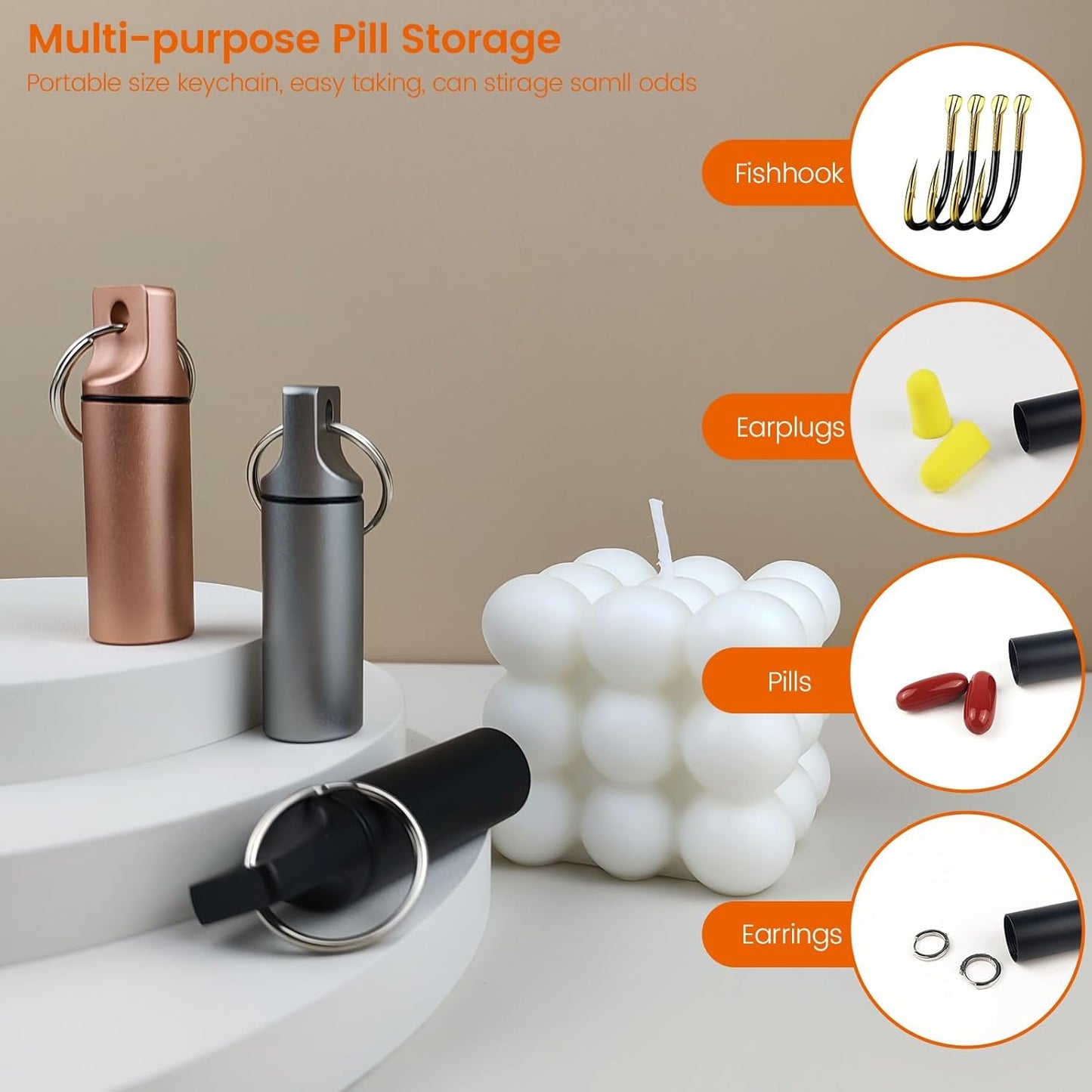 Small Pill Organizer Box Waterproof Keychain Pill Holder Portable Travel Pill Container Metal Case with Keyring for Outdoor Camping Travel