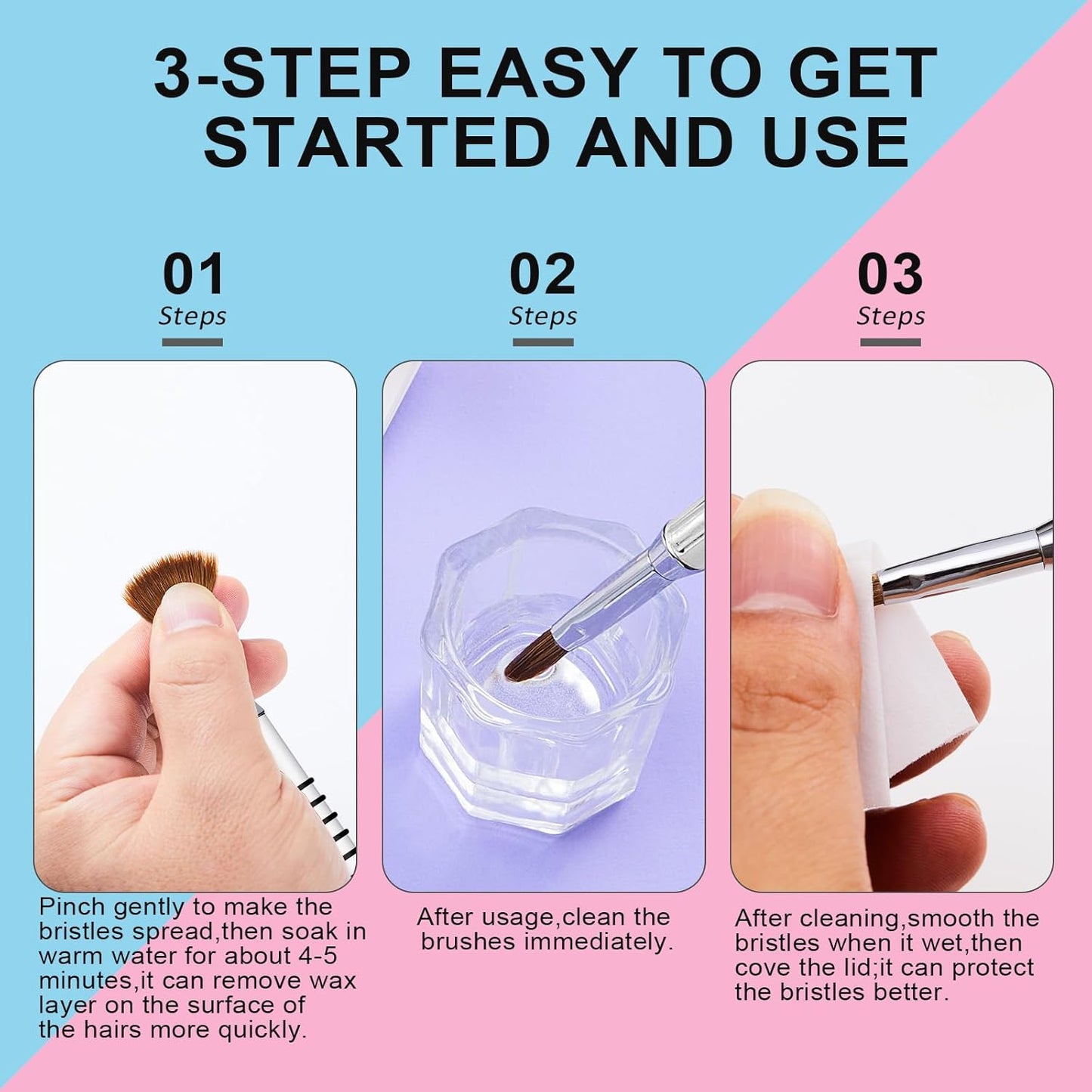 3Pcs Acrylic Nail Brushes Set Size 2 4 5, Kolinsky Hair Acrylic Nail Art Brush, Art Design & Polish Mistake Cleaning Manicure Tools for Women Acrylics Application, Gradient