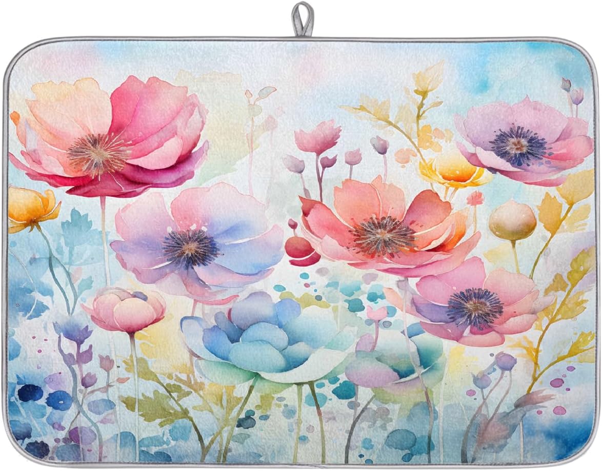 Dish Drying Mat Watercolor Spring Colorful Flowers Large Drying Mat for Kitchen Counter 18x24in Absorbent Dish Drainer Rack Pad, Heat Resistant Coffee Bar Mats Countertop Protector