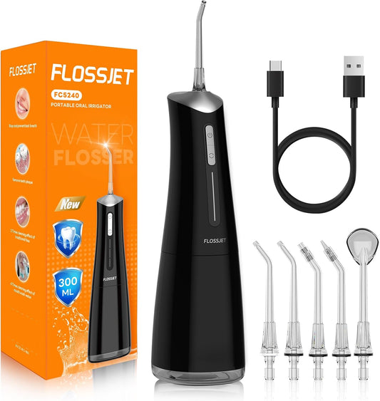 Water Dental Flosser Cordless Oral Irrigator with 300ml 5 Tips 4 Modes USBCharger Portable Travle Irrigation Cleaner IPX7 Electric Irrigador Dental for Teeth Cleaning (Black)