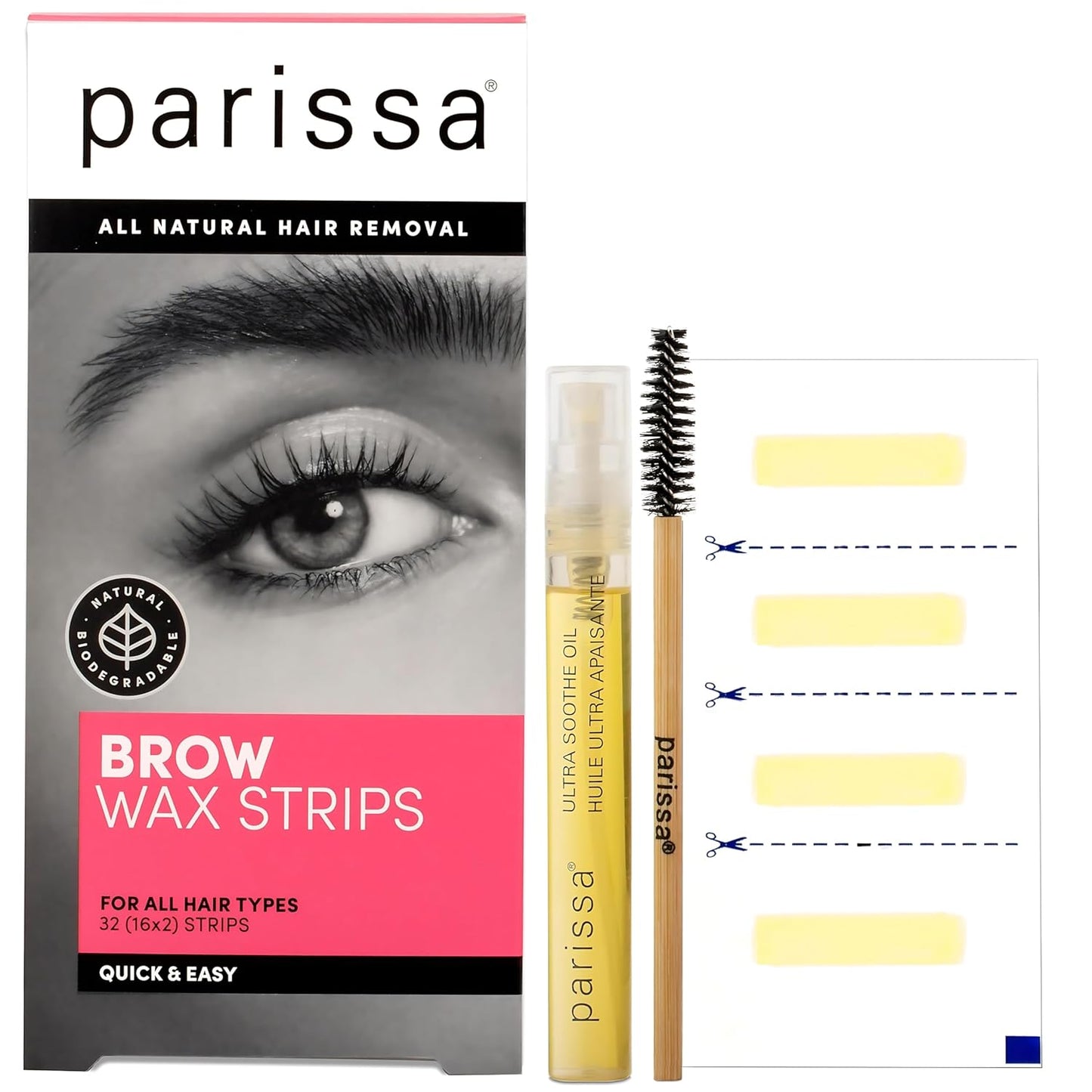 Parissa Eyebrow Wax Strips | Biodegradable & Fragrance-Free | Ready-to-Use Hair Removal Kit for At-Home Brow Waxing, Gentle on Sensitive Skin with Post-Wax Ultra Soothe Oil | 32 Strips (16 x 2)