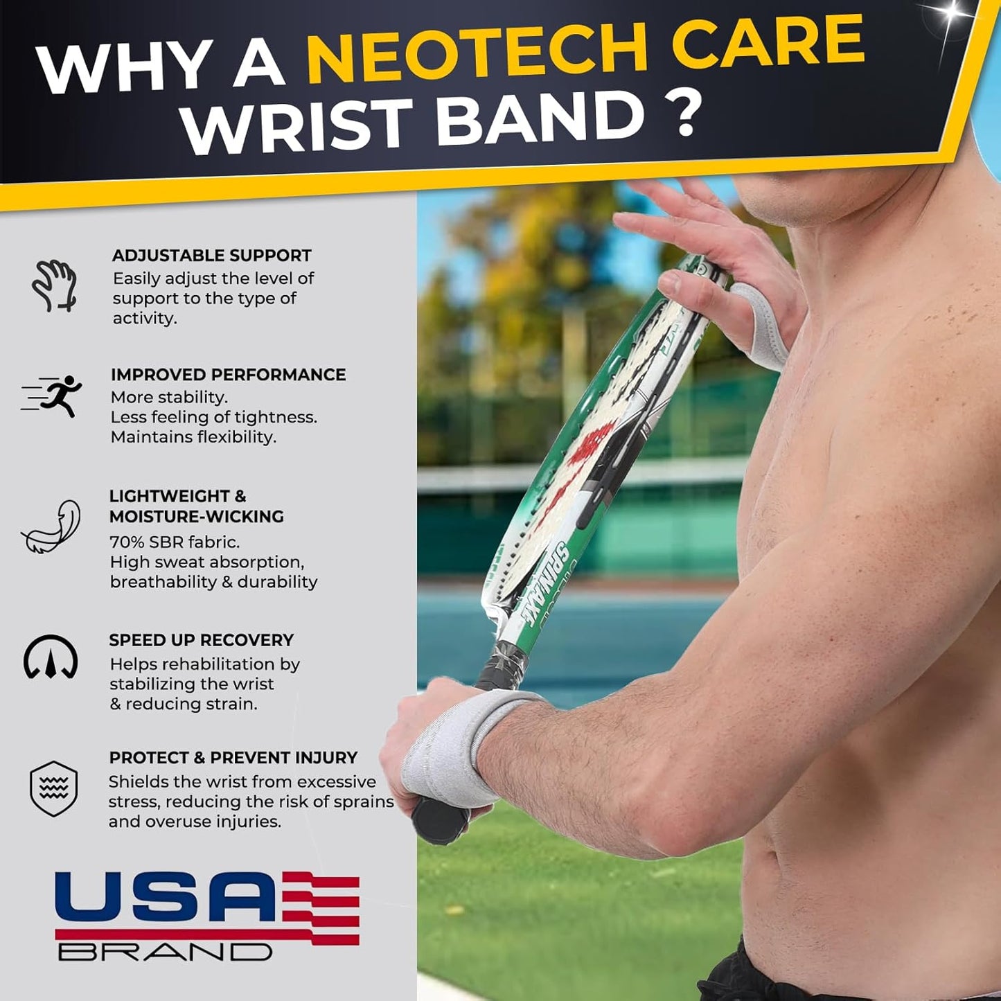 NeoTech Care Wrist Band - Elastic & Breathable Fabric - Adjustable Compression Strap - Men, Women, Right or Left - Support Wrap for Protection or Sports (Gray Color, Size L, 1 Pair)