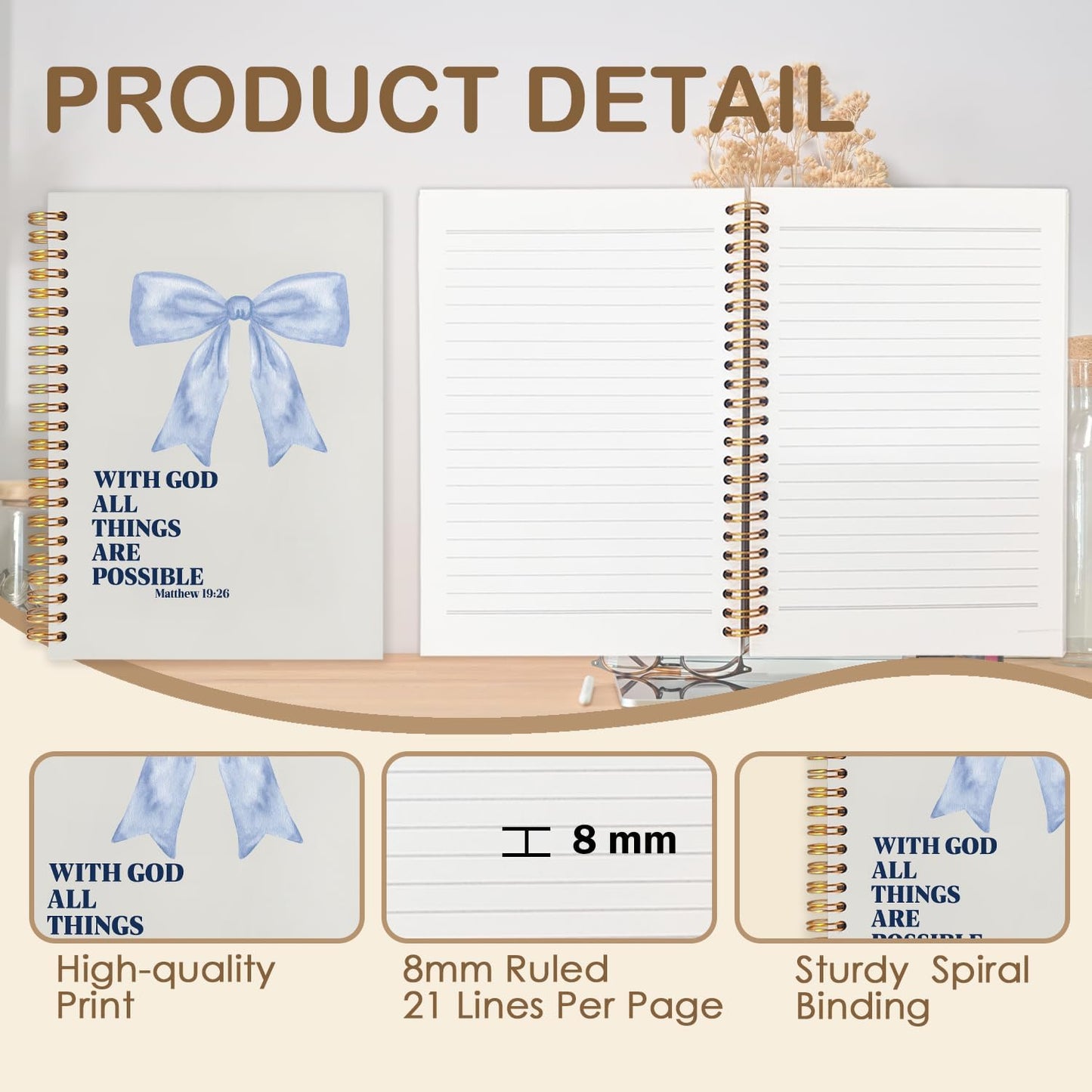 Coquette Blue Bow Christian Spiral Journal Notebook 5.5x8.3in, with God All Things Are Possible Inspirational Prayer Journal for Woman, Inspirational Bible Notebooks for Note Taking