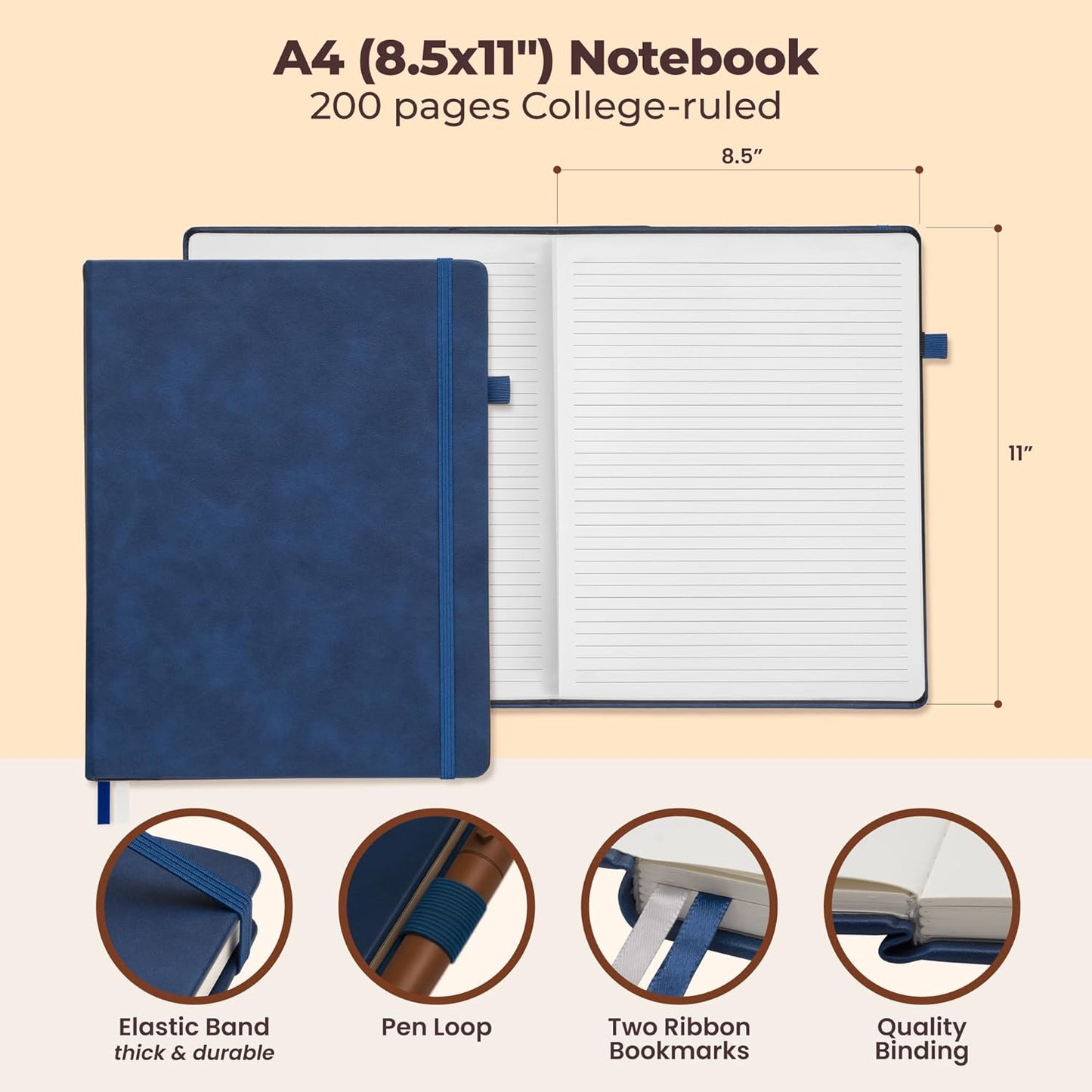 Classic Lined Journal Notebook 8.5x11" A4 Hardcover Leather - Blue - 200 Pages College Ruled Large with Sticky Tabs, Pockets, and Pen Loop for Writing and Journaling - Big Hardback Men and Women
