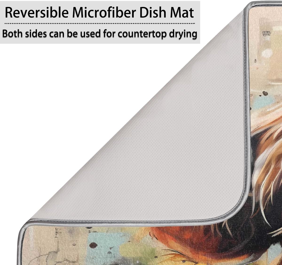 Dish Drying Mat Highland Cow Graffiti Floral Western Farm Large Drying Mat for Kitchen Counter 18x24in Absorbent Dish Drainer Rack Pad, Heat Resistant Coffee Bar Mats Countertop Protector