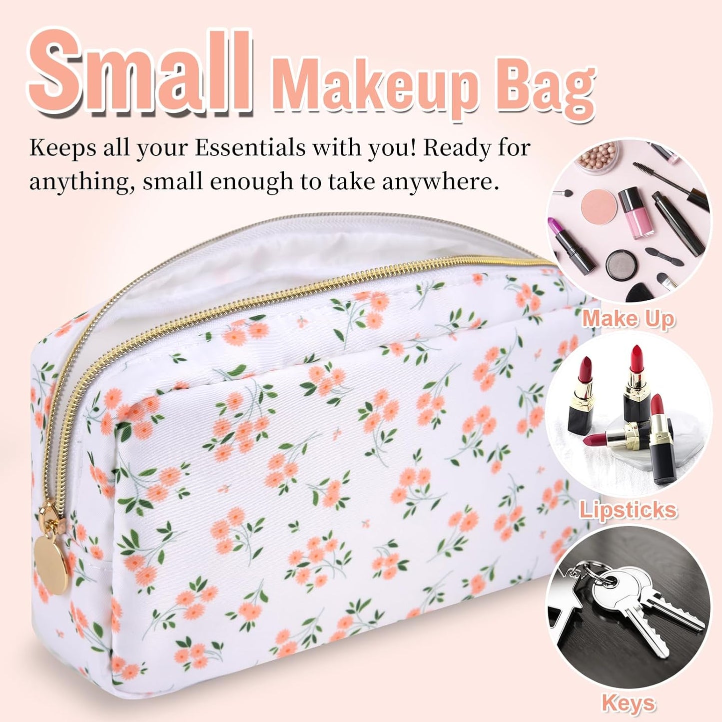 Nylon Small Floral Makeup Bag for Purse, Cute Preppy Travel Makeup Bag Flower Cosmetic Zipper Pouch Purse, Waterproof Toiletry Bag Make Up Organizer Storage Travel Essentials for Women(White-Floral)