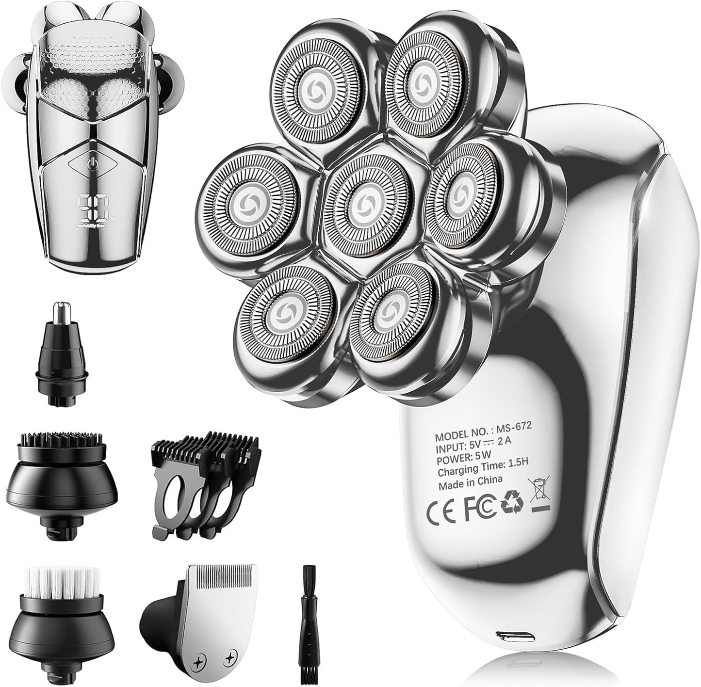 Detachable Head Shavers, SHPAVVER 5 in 1 Electric Razor IPX7 Waterproof for Bald Men, Wet Dry LED Display Rechargeable 7D Rotary Shaver Grooming Kit with Type C Charge A，Bright Silver