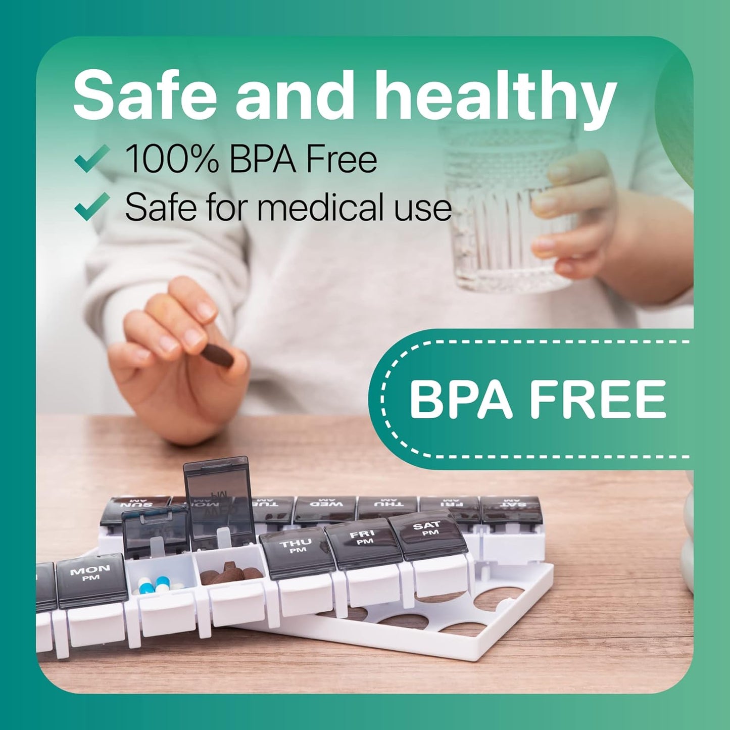 Sukuos AM PM Weekly 7 Day Pill Organizer, 2 Times A Day Pill Box with Arthritis Friendly Push Button, Medicine Cases for Vitamin/Fish Oil/Supplements, Easy to Clean (Black)