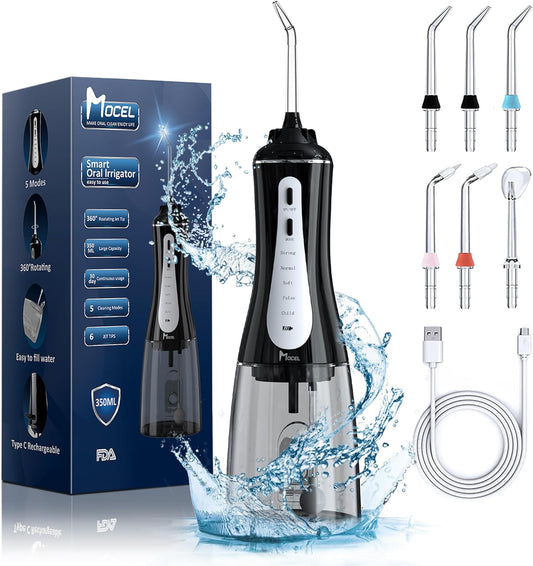 Water Dental Flosser Oral Irrigator with 5 Modes, 350ml Cordless Water Teeth Cleaner Pick 6 Tips, IPX7 Waterproof Rechargeable Portable Powerful Battery for Travel & Home Braces & Bridges Care
