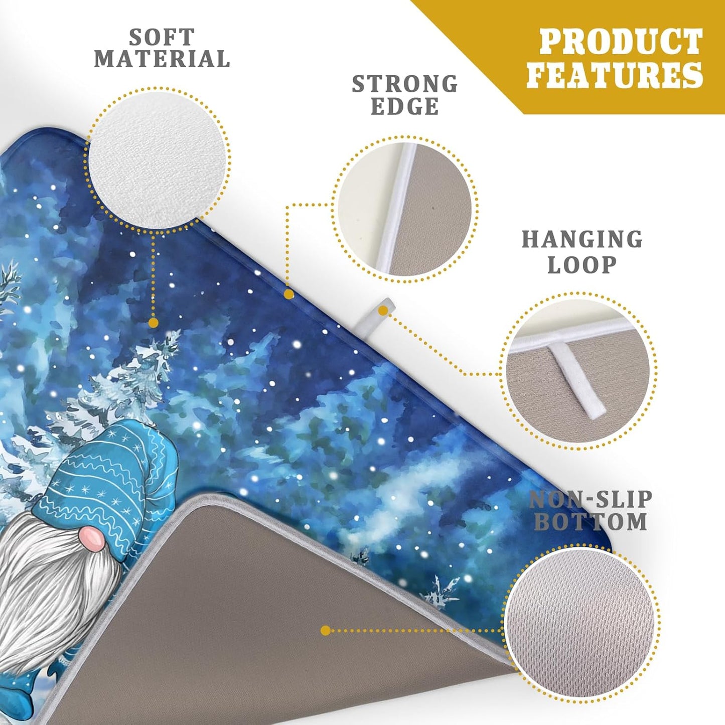 Winter Blue Gnome Dish Drying Mat for Kitchen Counter Pine Tree Microfiber Dish Pad Absorbent Reversible Fast Dry Draining Mats 18x24 Inch