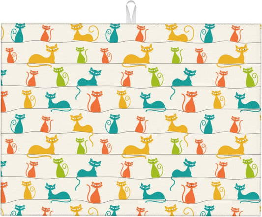 Mid Century Modern Cats Dish Drying Mat for Kitchen Counter Absorbent Reversible Cute Drying Pad Dark Kitchen Decor Dish Drainer Rack Mats 18"x24"
