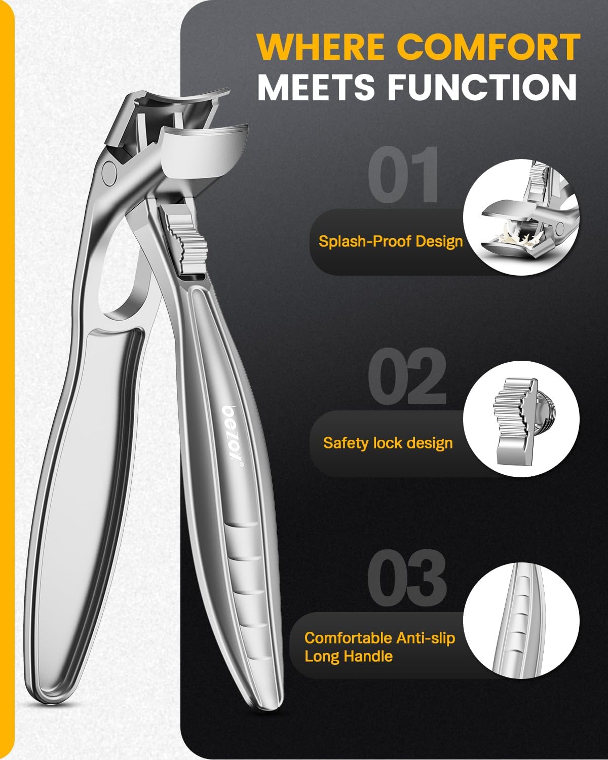 BEZOX Curved Toenail Clippers for Seniors – Safety Lock, Wide Opening, and Anti-Slip Grip Nail Clipper for Thick Nails - Silver