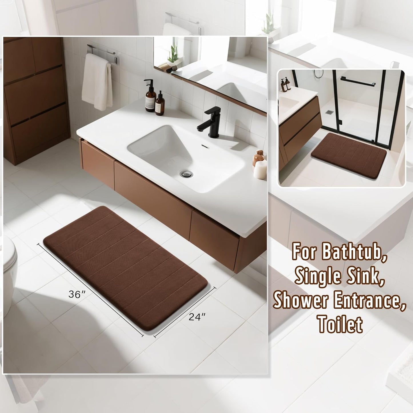 Yimobra Large Bath Mat 36"x24", Super Soft Quick Dry Memory Foam Bathroom Rug, Water Absorbent, Non Slip Backing Machine Washable for Tub Shower, Thick Comfort Support, Brown