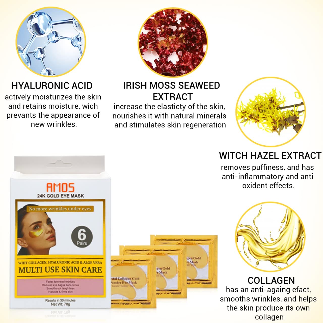 24K Gold Eye Masks for Dark Circles and Puffiness (6 Pairs) with Collagen, Aloe Vera & Hyaluronic Acid-Anti-Aging Under Eye Patches for Dark Circles and Puffiness-Reduce Wrinkles