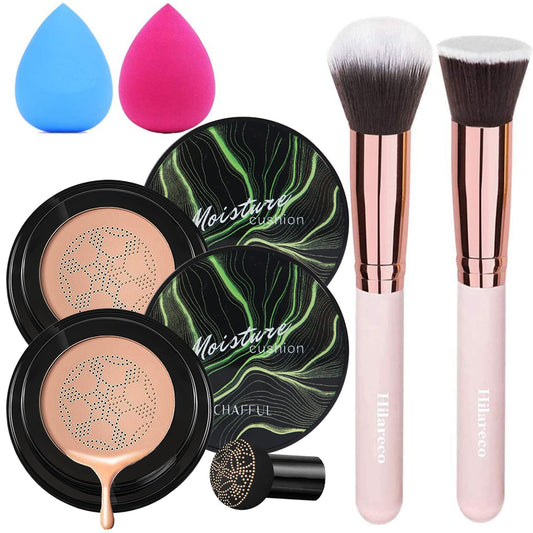 2 PCS Mushroom Head Air Cushion CC Cream Nature Foundation,Foundation Brush Powder Brush,Moisturizing Concealer, Bright Makeup Base Long Lasting with Mushroom Makeup Sponge(#04 Buff Beige)