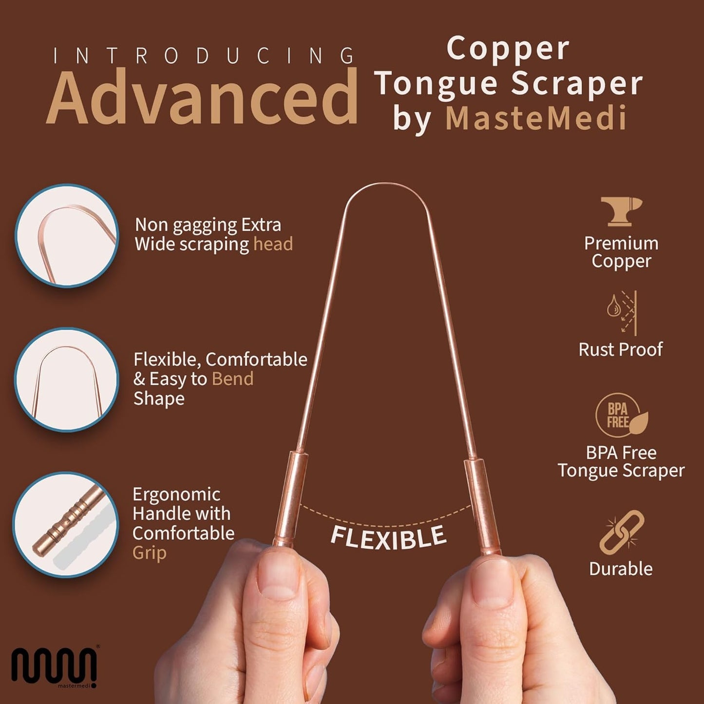 MasterMedi Pure Copper Tongue Scraper for Adults, Tongue Scrubber for Bad Breath, Easy to Use, Tongue Cleaner for Oral Care & Hygiene (Copper Pack of 1 With Case)